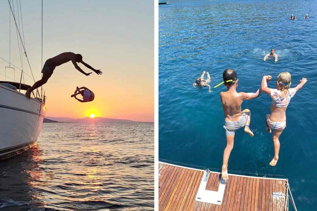 Skoki do wody z katamaranu i jachtu w Grecji.
