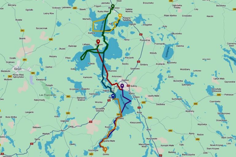 mapa trasy rejsu na Mazurach