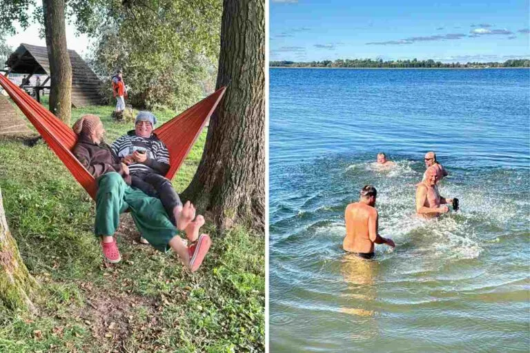 osoby na hamaku w lesie oraz kąpiące się w jeziorze na Mazurach