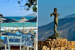 grecka tawerna z niebieskimi obrusami przy plaży na wschodnim Peloponezie oraz posąg syreny na tle gór w Leonidion (Tsakonika)