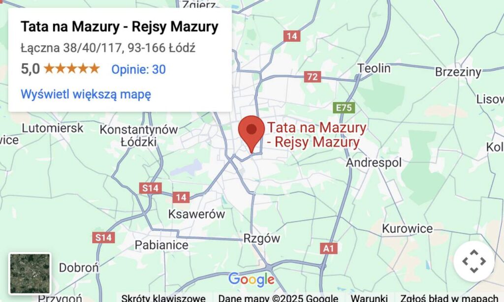 Mapa miasta Łodzi z siedzibą rejsów "Tata na Mazury"