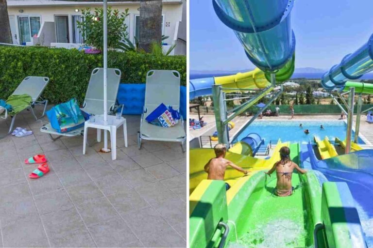 Leżaki i zjeżdżalnie w basenie w greckim hotelu