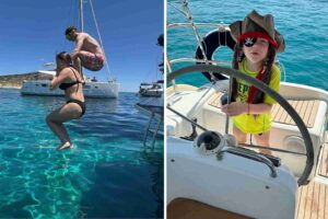 Rejs rodzinny w Grecji – dzieci skaczą do turkusowej wody z jachtu i sterują na spokojnej zatoce