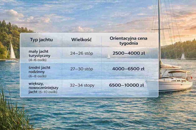 Tabela pokazująca kosz czarteru i ilość osób na jachcie odpowiedniej długości.