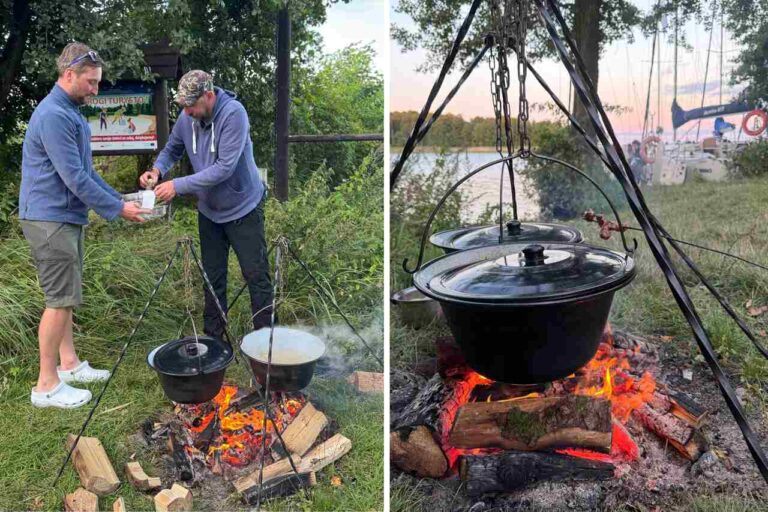Przygotowywanie Kociołków Galindów nad ogniskiem podczas rejsu Tata na Mazury
