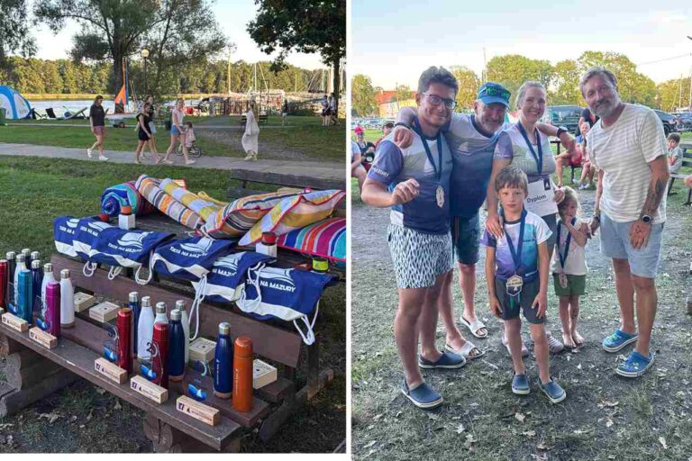 Rodzina z medalami i nagrodami po grze Skarb Galindów na rejsie Tata na Mazury