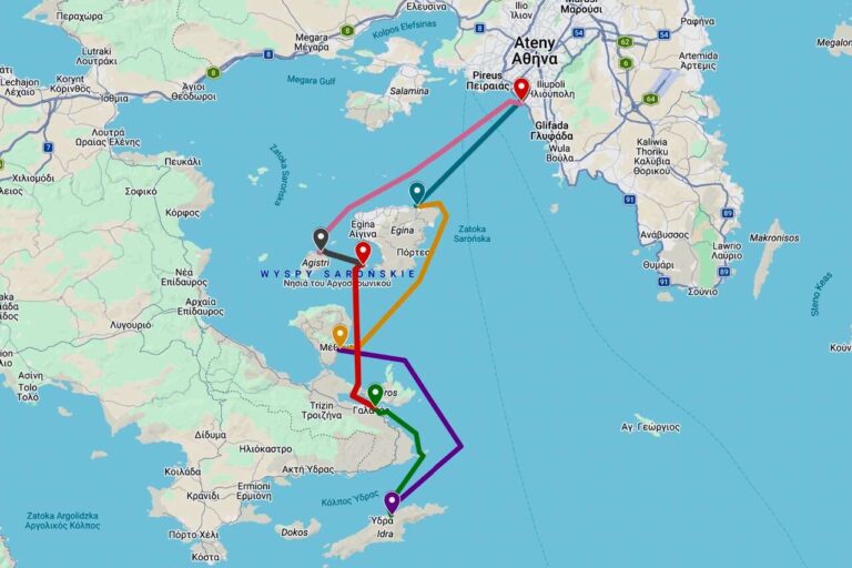 Mapa trasy rejsu Hydra i wyspy Zatoki Sarońskiej w Grecji 2027