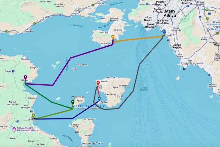 Mapa trasy rejsu po Zatoce Sarońskiej i Epidauros w Grecji 2027