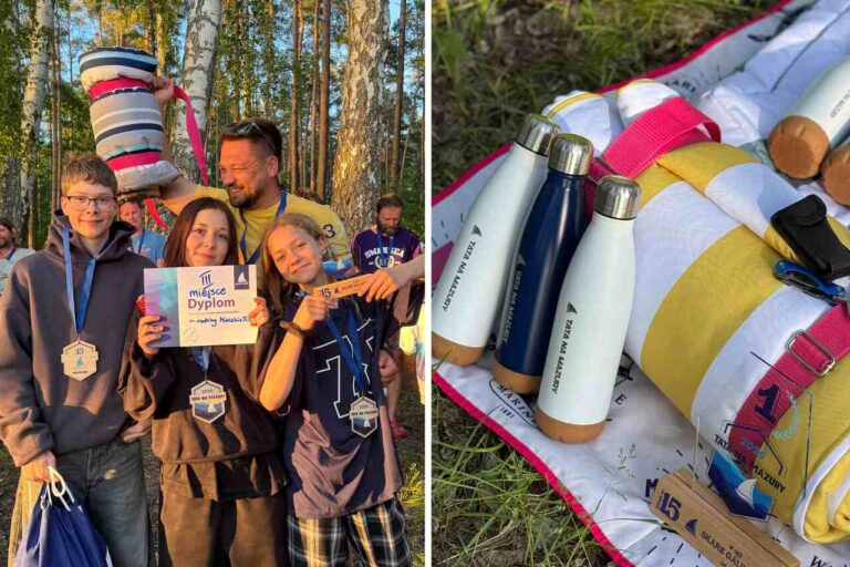 Zwycięzcy gry Skarb Galindów z medalami, dyplomem i nagrodami