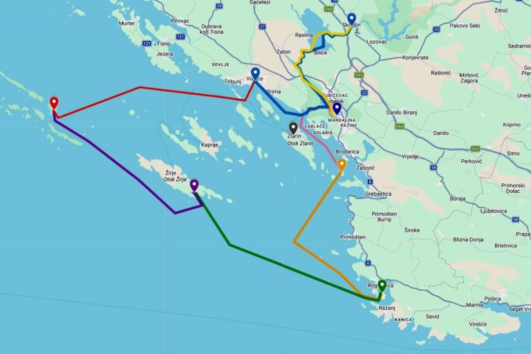 Mapa trasy rejsu w Chorwacji przez Rogoznicę, Žirje, Vodice i Skradin