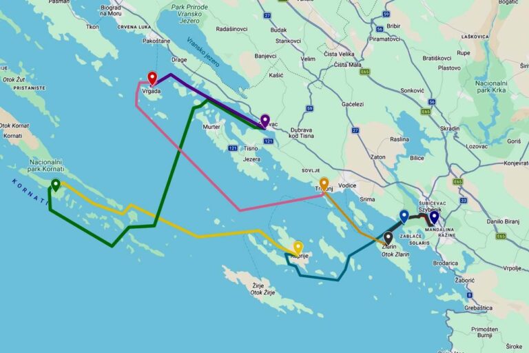 Mapa trasy rejsu w Chorwacji przez Kornati, Kaprije, Vrgadę, Tribunj i Zlarin